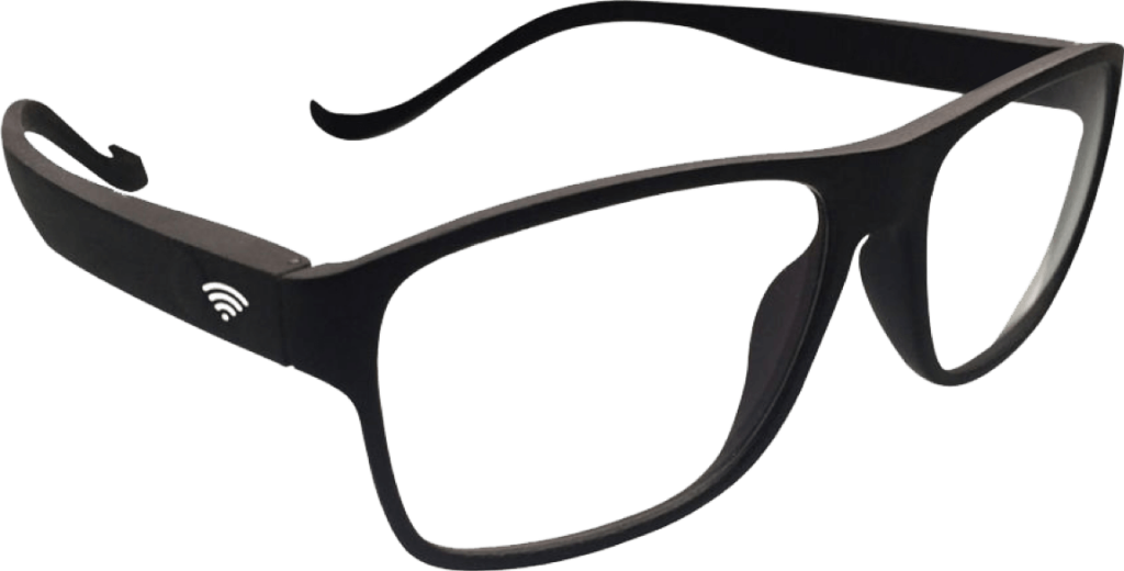 Glasses with sensors for medical use. If the wearer falls, a signal is sent to a remote monitoring platform that alerts family members or medical care.